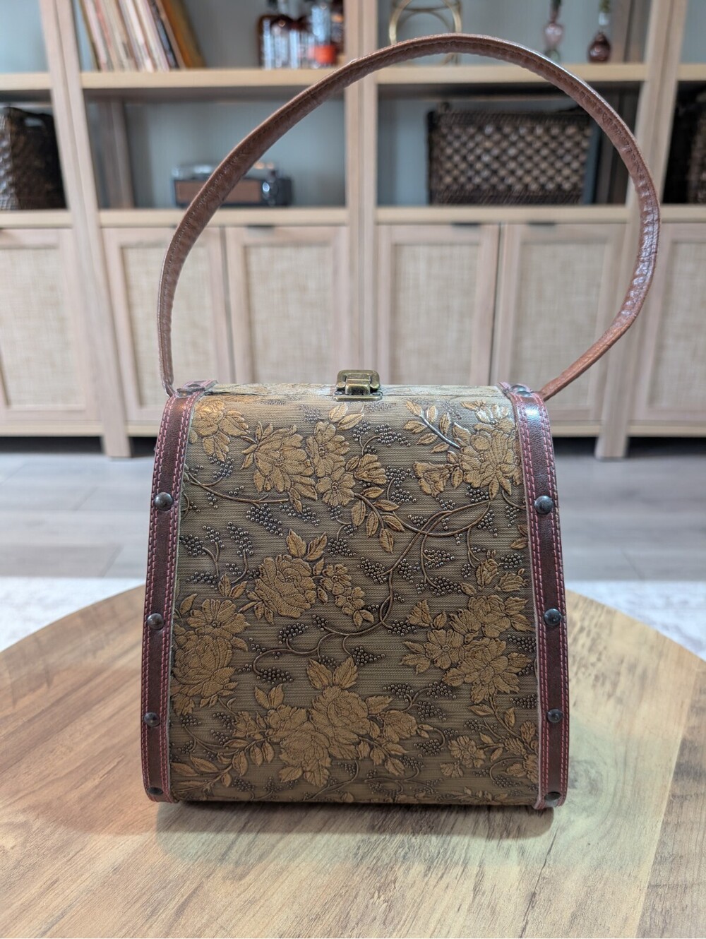 Vintage 1960s Floral Embossed Wooden Box Purse Maroon Velvet Lined Top Handle